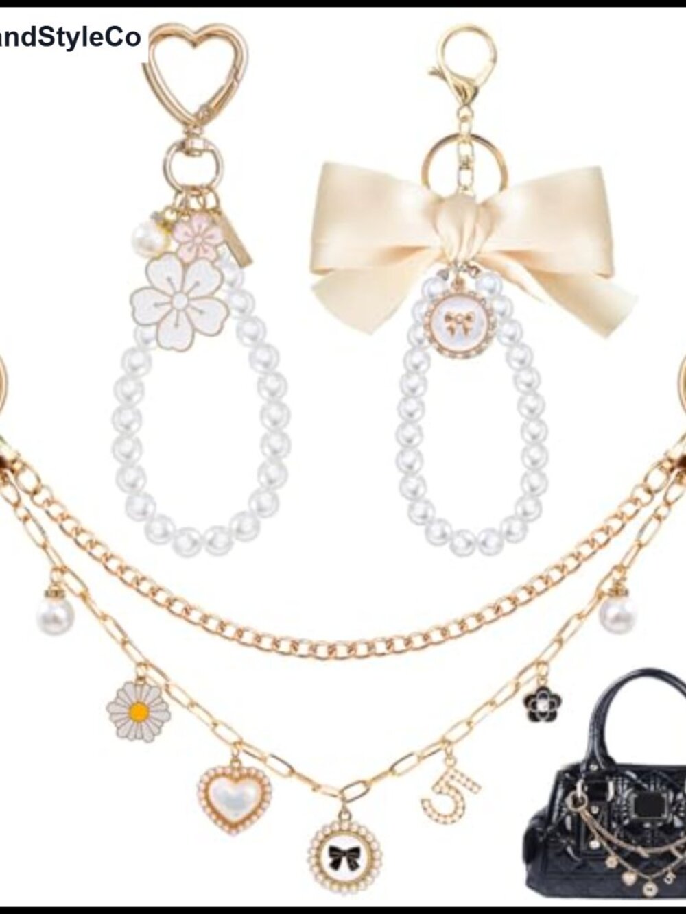 4 in 1 Pearl Bag Charm Set with Gold Chain, Bow, Keychain